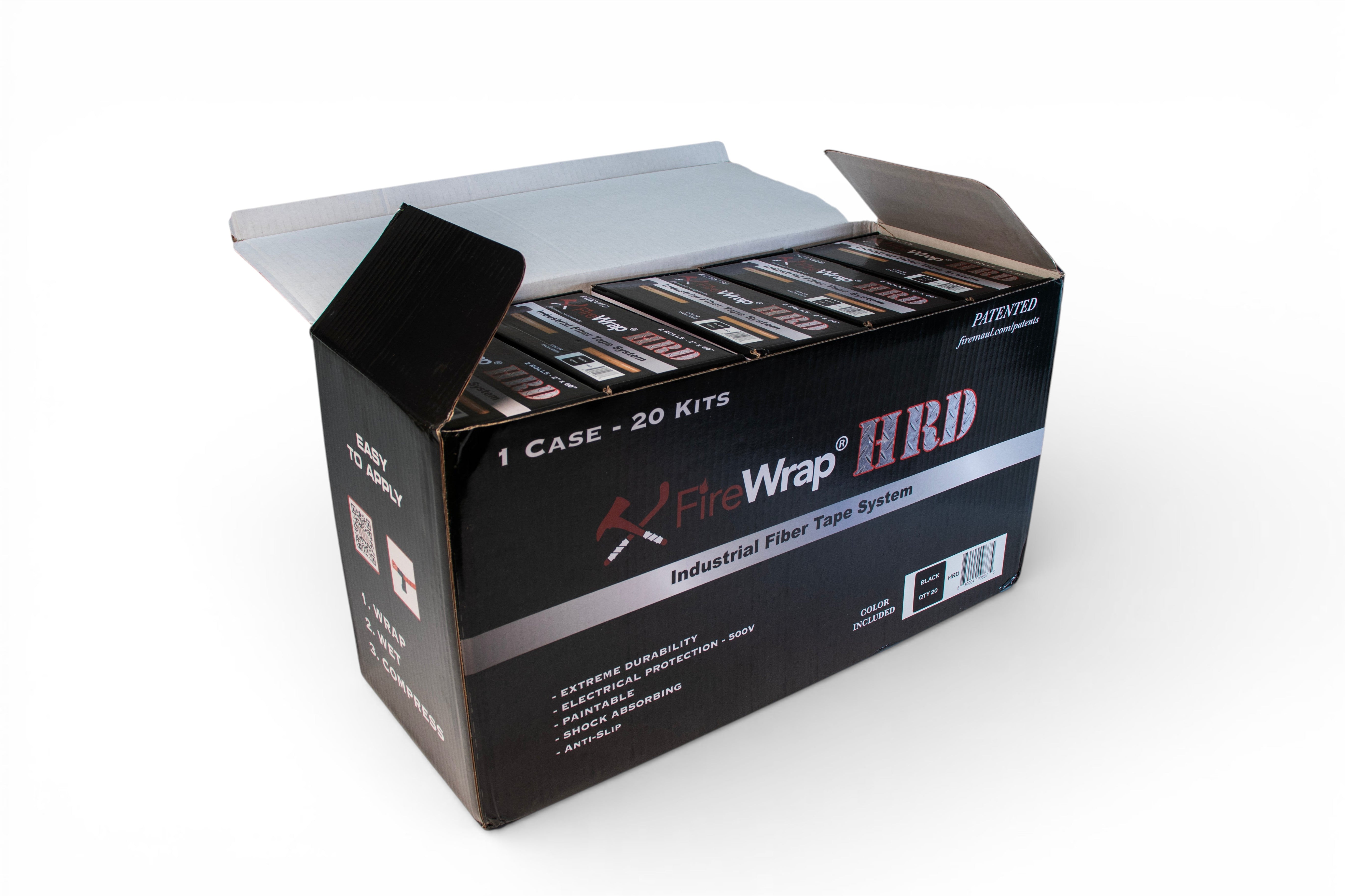 Fire Maul Tools FireWrap HRD industrial fiber tape system case of 20 kits. Features extreme durability, 500V electrical protection, paintable, shock absorbing, anti-slip.